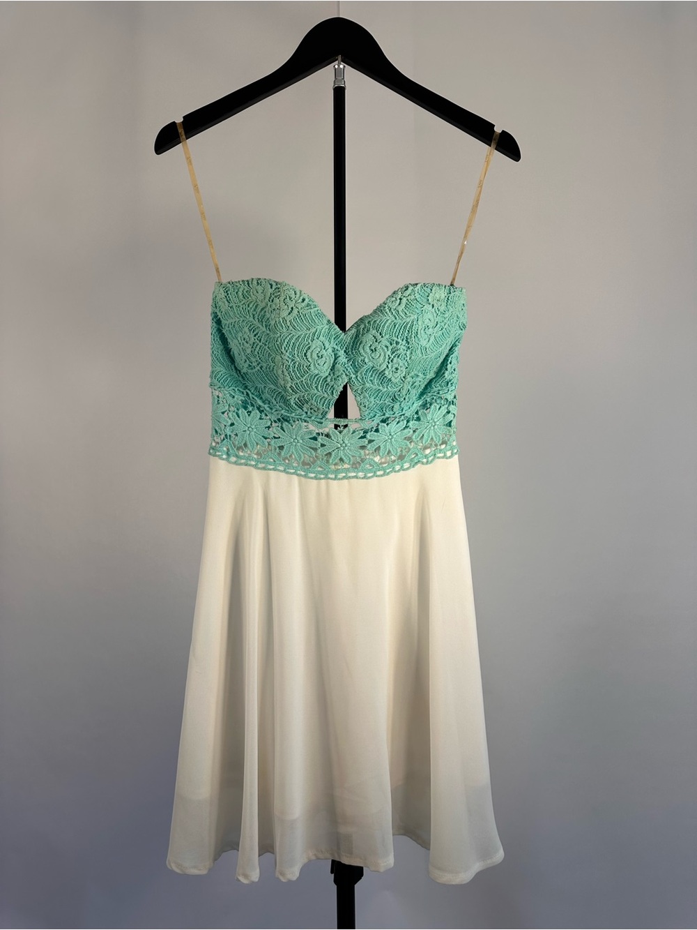 L'ATISTE Mint Lace Bodice with Gold Straps Cream Skirt Mini Dress